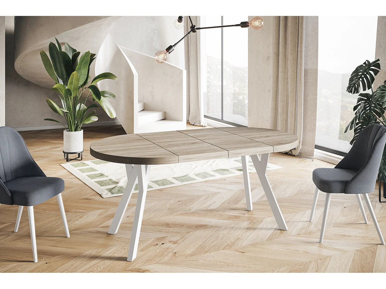 Table à manger ronde OVO, table à rallonges Diamètre : 120 cm à 220 cm, couleur de la table basse : SONOMA, avec pieds en bois blanc