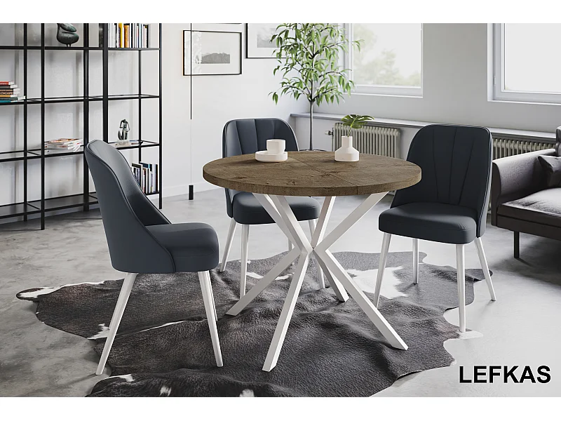 Table à manger ronde LITEN, table à rallonges Diamètre : 120 cm/200 cm, couleur de la table basse : gris, avec pieds métalliques blancs