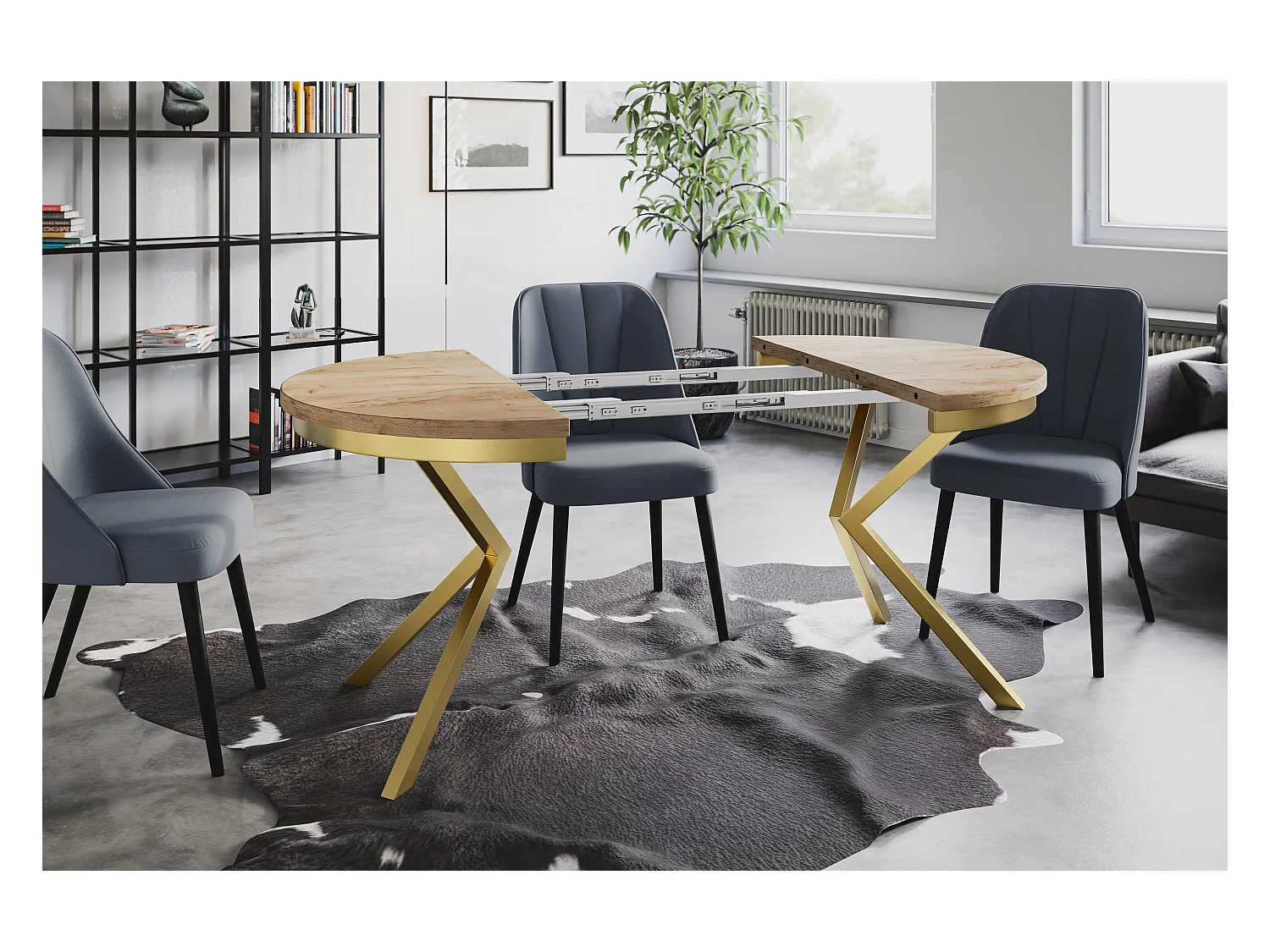 Table de salle à manger ronde BERGO, table à rallonges Diamètre : 90 cm/170 cm, couleur de la table basse : marron, avec pieds métalliques couleur or