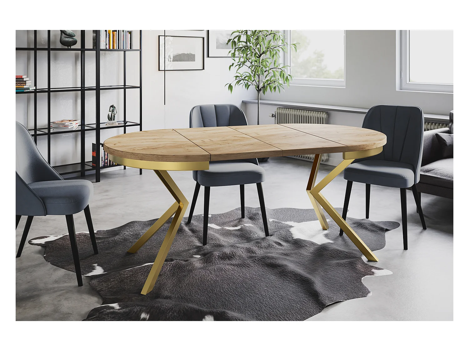 Table de salle à manger ronde BERGO, table à rallonges Diamètre : 90 cm/170 cm, couleur de la table basse : marron, avec pieds métalliques couleur or