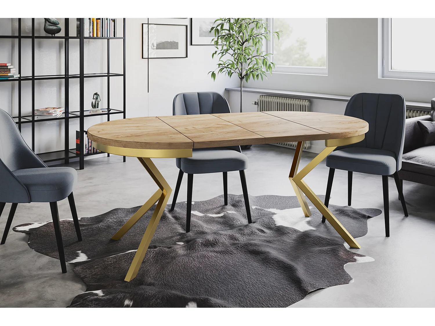 Table de salle à manger ronde BERGO, table à rallonges Diamètre : 90 cm/170 cm, couleur de la table basse : marron, avec pieds métalliques couleur or