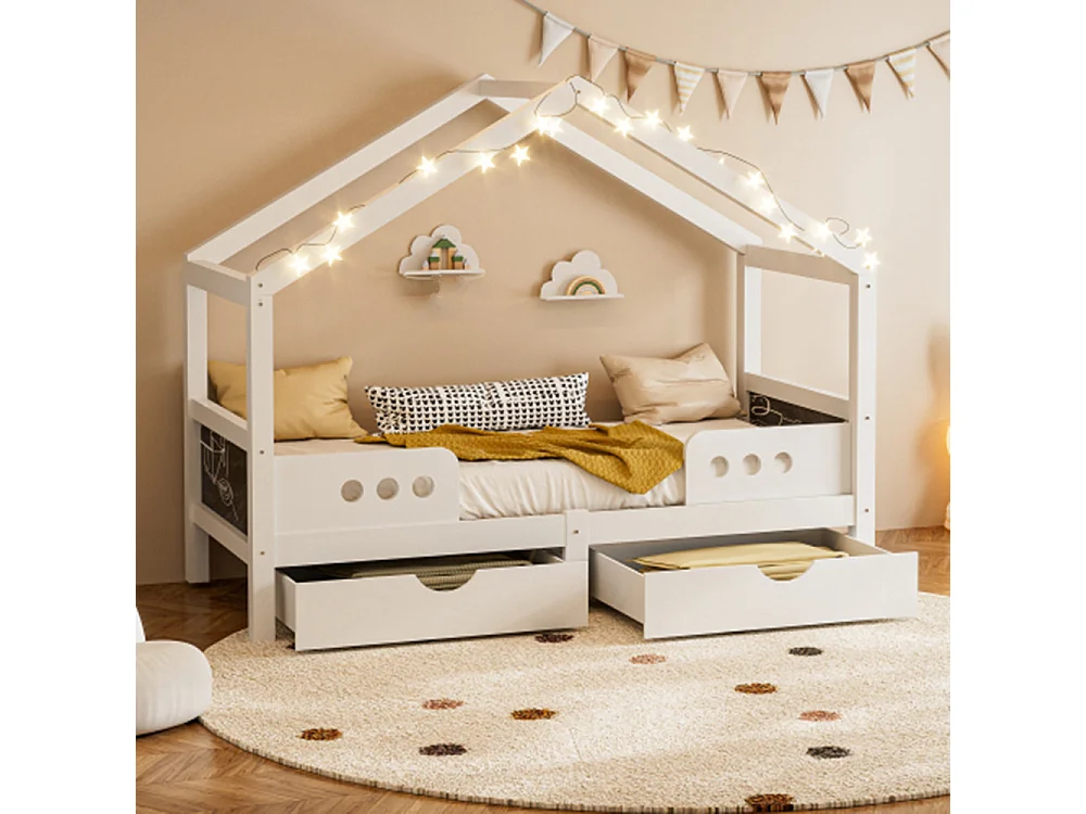 Kinderbett mit Dachdesign, 2 großen Schubladen und stabilem,für 90×200 cm Matratze