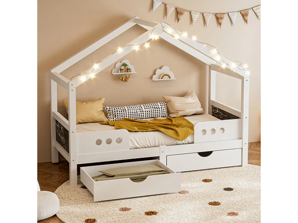 Kinderbett mit Dachdesign, 2 großen Schubladen und stabilem,für 90×200 cm Matratze