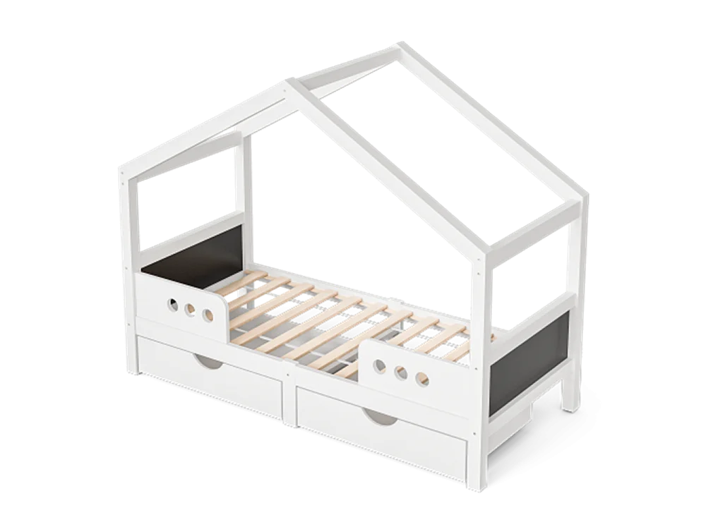Kinderbett mit Dachdesign, 2 großen Schubladen und stabilem,für 90×200 cm Matratze
