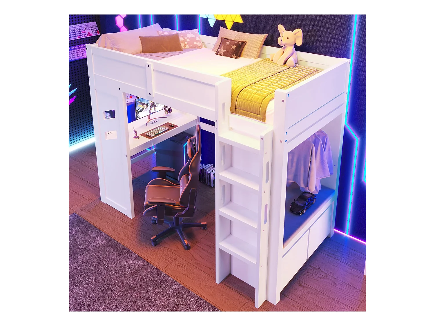 Hochbett,Gaming Bett mit Schreibtisch,Mit LED-Leuchten,1 USB-Anschlüssen, 1 Typ-C ausgestattet, Leiter, Schreibtisch, Schublade, Wäscheständer