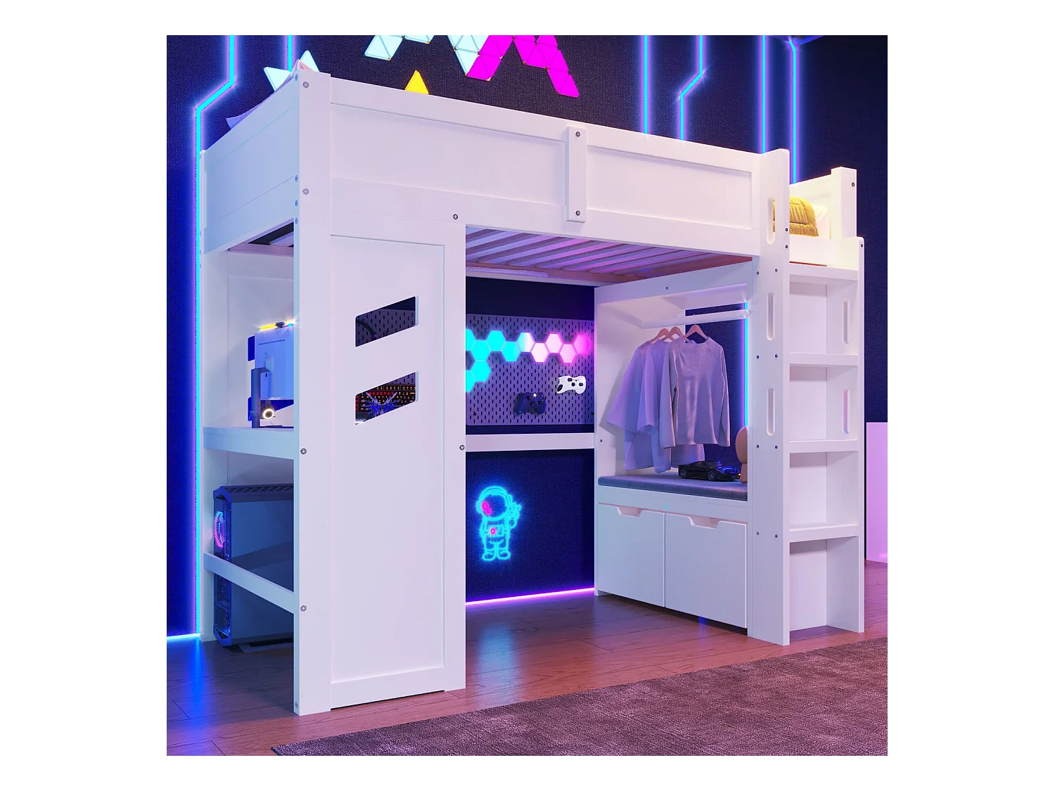 Hochbett,Gaming Bett mit Schreibtisch,Mit LED-Leuchten,1 USB-Anschlüssen, 1 Typ-C ausgestattet, Leiter, Schreibtisch, Schublade, Wäscheständer