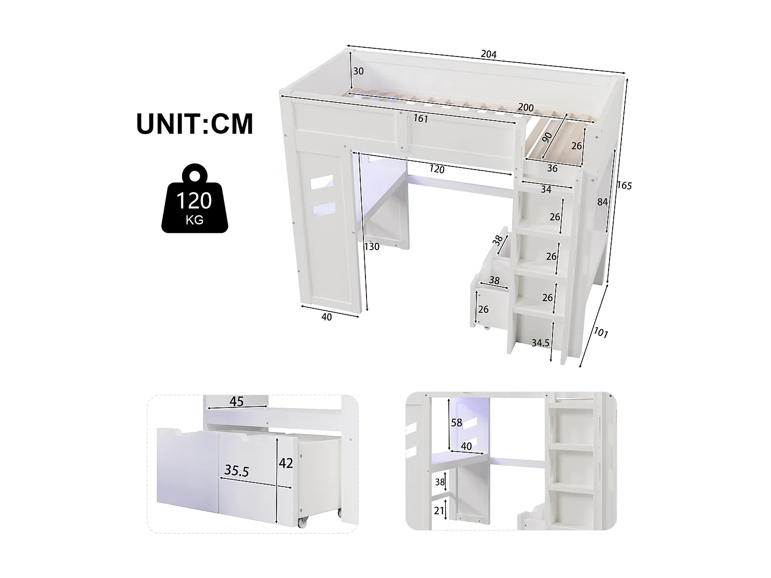Hochbett,Gaming Bett mit Schreibtisch,Mit LED-Leuchten,1 USB-Anschlüssen, 1 Typ-C ausgestattet, Leiter, Schreibtisch, Schublade, Wäscheständer