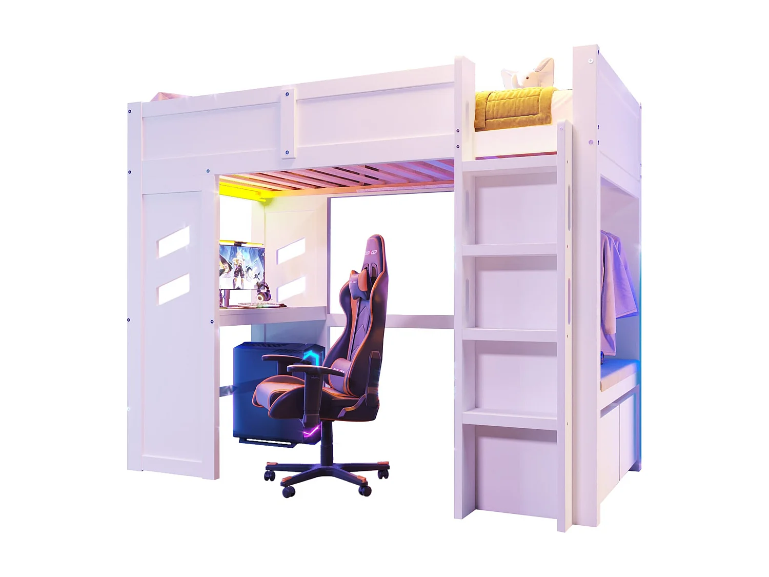 Hochbett,Gaming Bett mit Schreibtisch,Mit LED-Leuchten,1 USB-Anschlüssen, 1 Typ-C ausgestattet, Leiter, Schreibtisch, Schublade, Wäscheständer