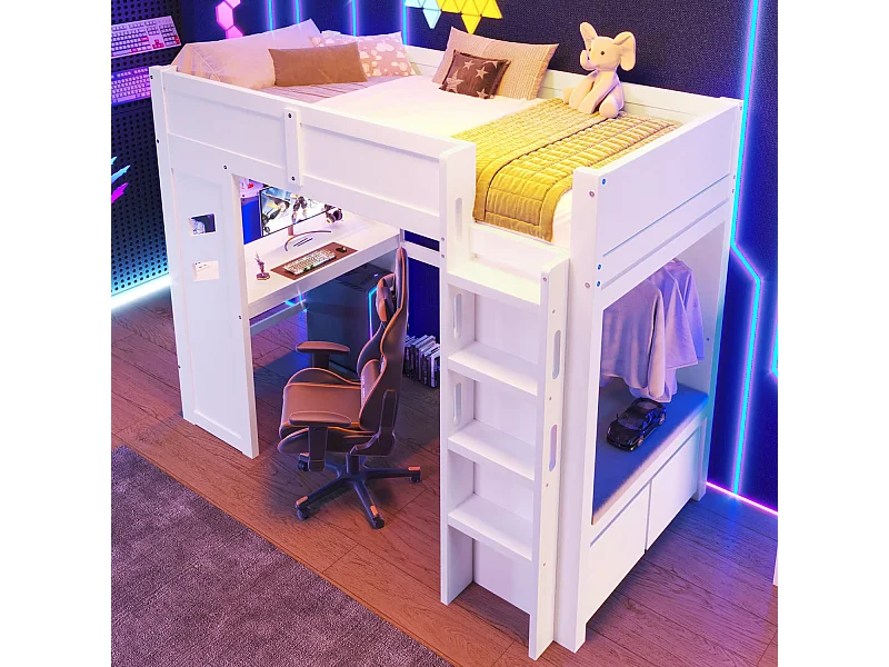 Hochbett,Gaming Bett mit Schreibtisch,Mit LED-Leuchten,1 USB-Anschlüssen, 1 Typ-C ausgestattet, Leiter, Schreibtisch, Schublade, Wäscheständer