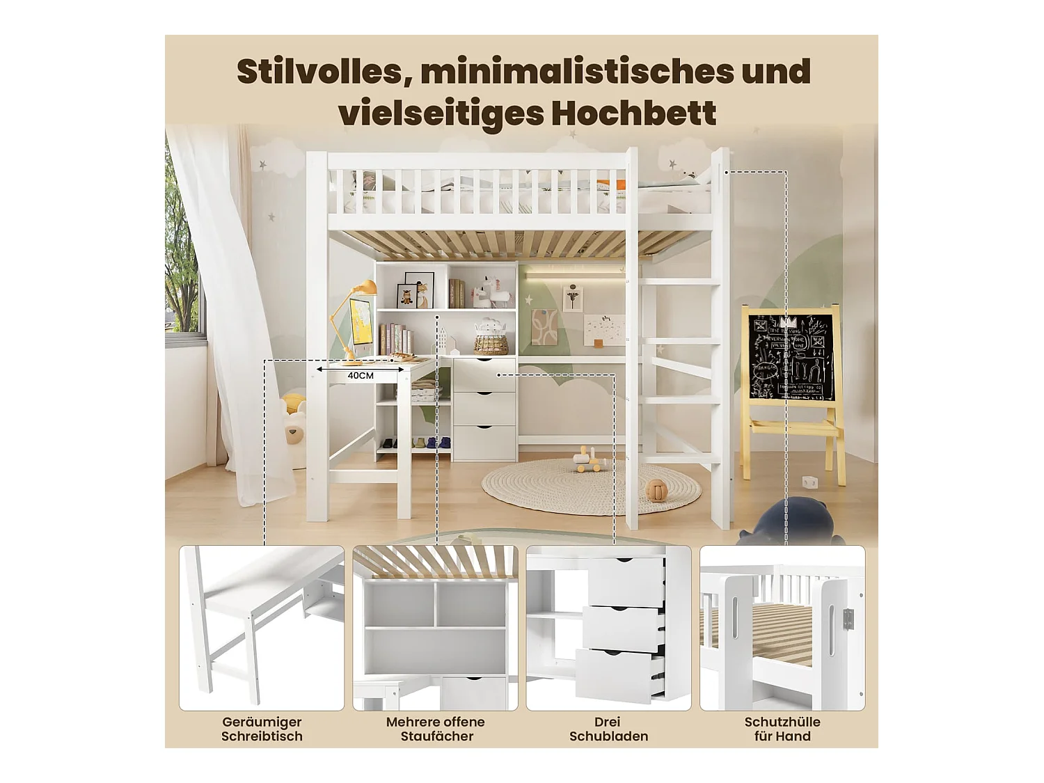 Hochbett, kinderbett 140x200 cm, mehrere Ablagefächer, Leiter, Schreibtisch, 3 Schubladen, ohne Matratze, Weiß
