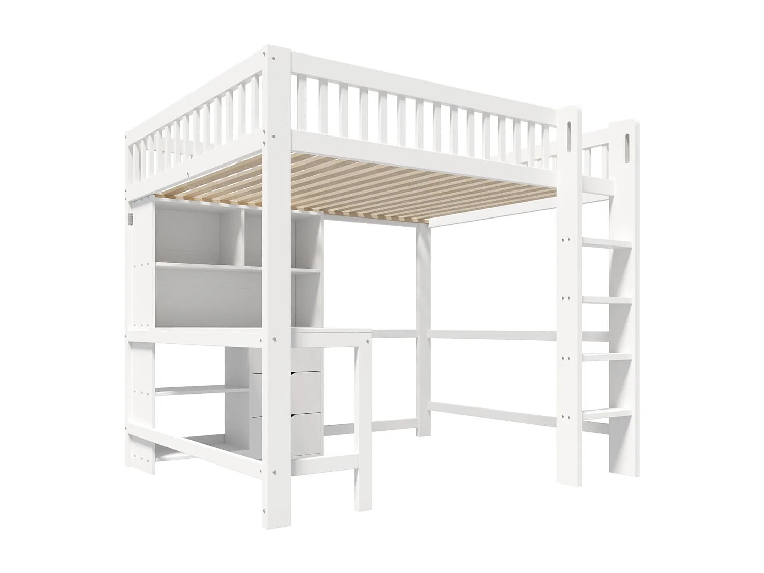 Hochbett, kinderbett 140x200 cm, mehrere Ablagefächer, Leiter, Schreibtisch, 3 Schubladen, ohne Matratze, Weiß