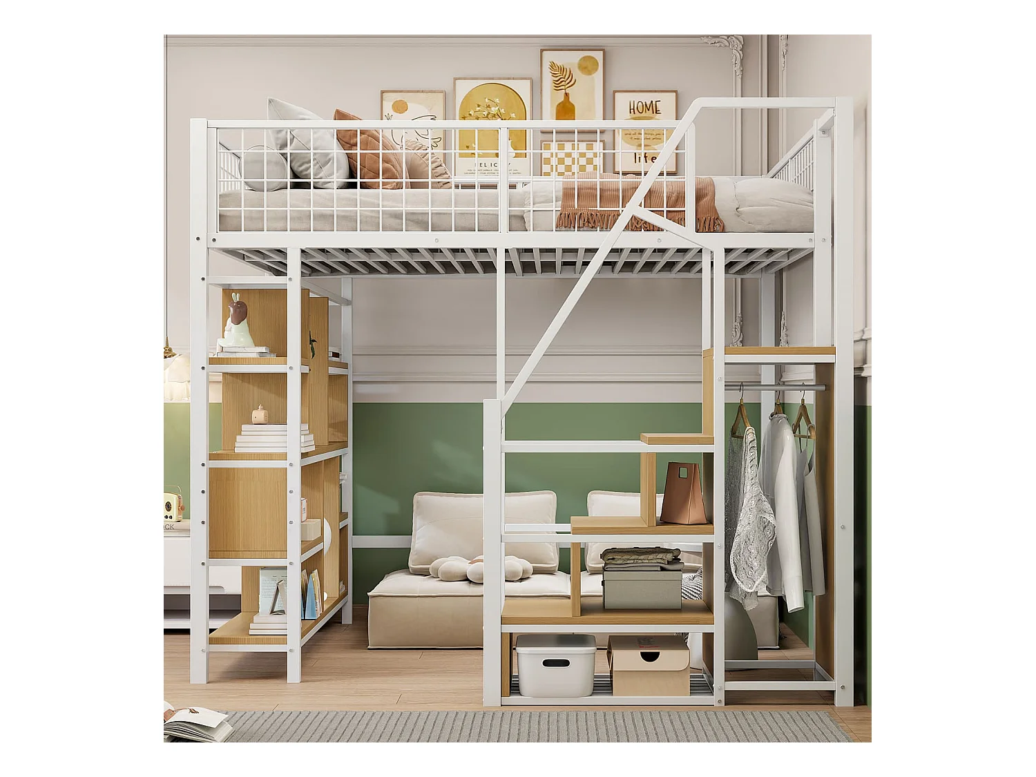 Multifunktionales Hochbett 140 x 200 cm, Metallbett mit Stauraum, Ablageflächen und Treppe, Erwachsenenbett und Kinderbett, Weiß