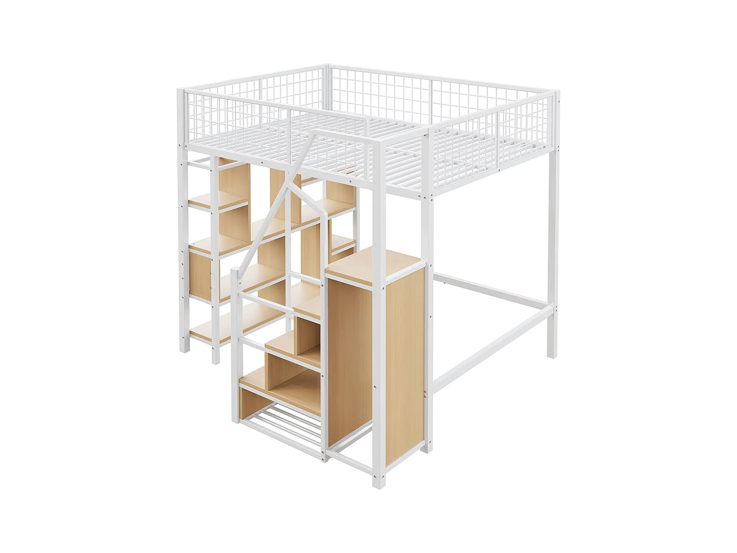 Multifunktionales Hochbett 140 x 200 cm, Metallbett mit Stauraum, Ablageflächen und Treppe, Erwachsenenbett und Kinderbett, Weiß