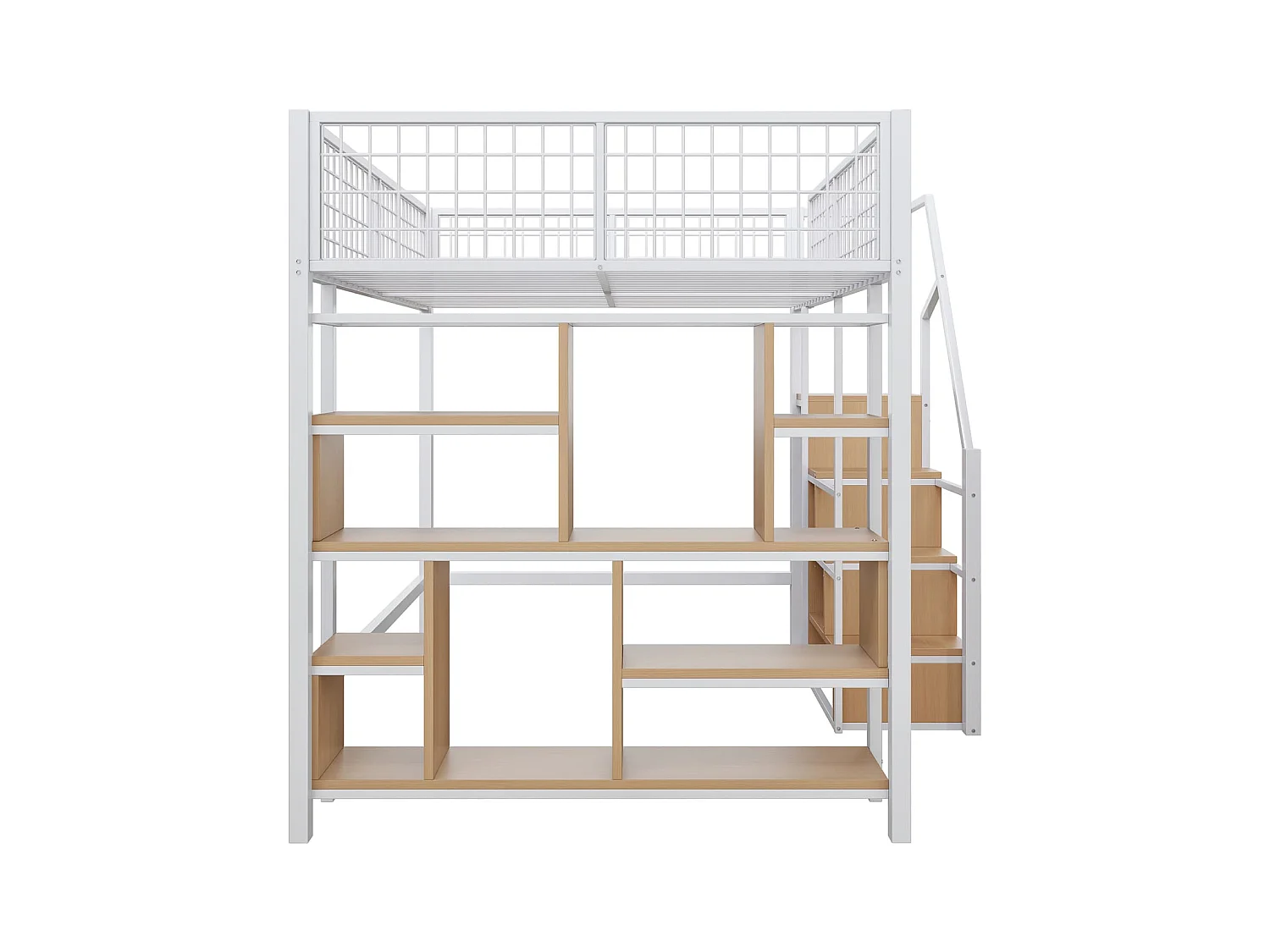 Multifunktionales Hochbett 140 x 200 cm, Metallbett mit Stauraum, Ablageflächen und Treppe, Erwachsenenbett und Kinderbett, Weiß