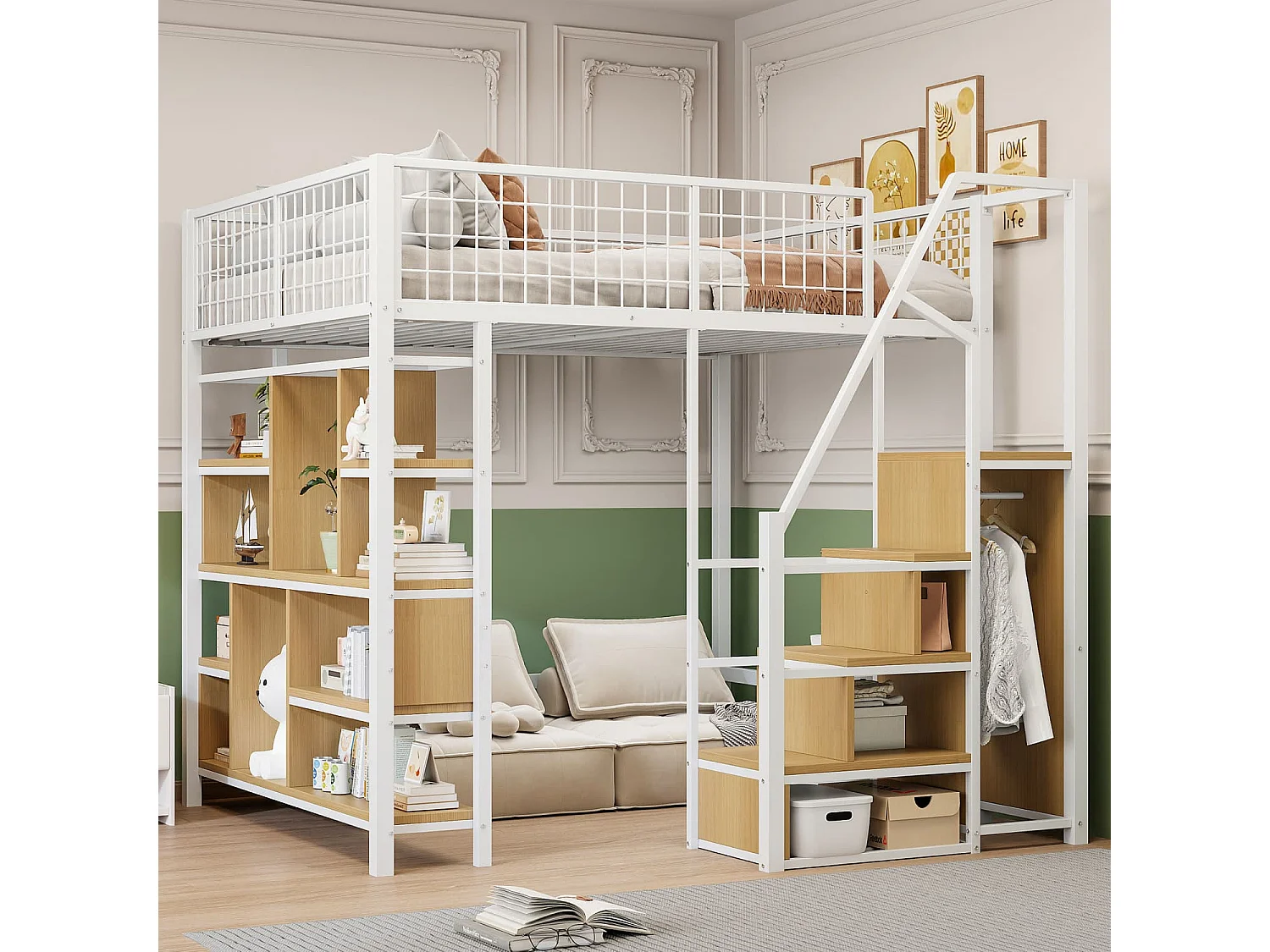 Multifunktionales Hochbett 140 x 200 cm, Metallbett mit Stauraum, Ablageflächen und Treppe, Erwachsenenbett und Kinderbett, Weiß