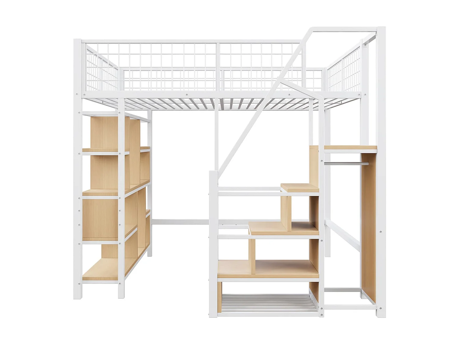 Multifunktionales Hochbett 140 x 200 cm, Metallbett mit Stauraum, Ablageflächen und Treppe, Erwachsenenbett und Kinderbett, Weiß