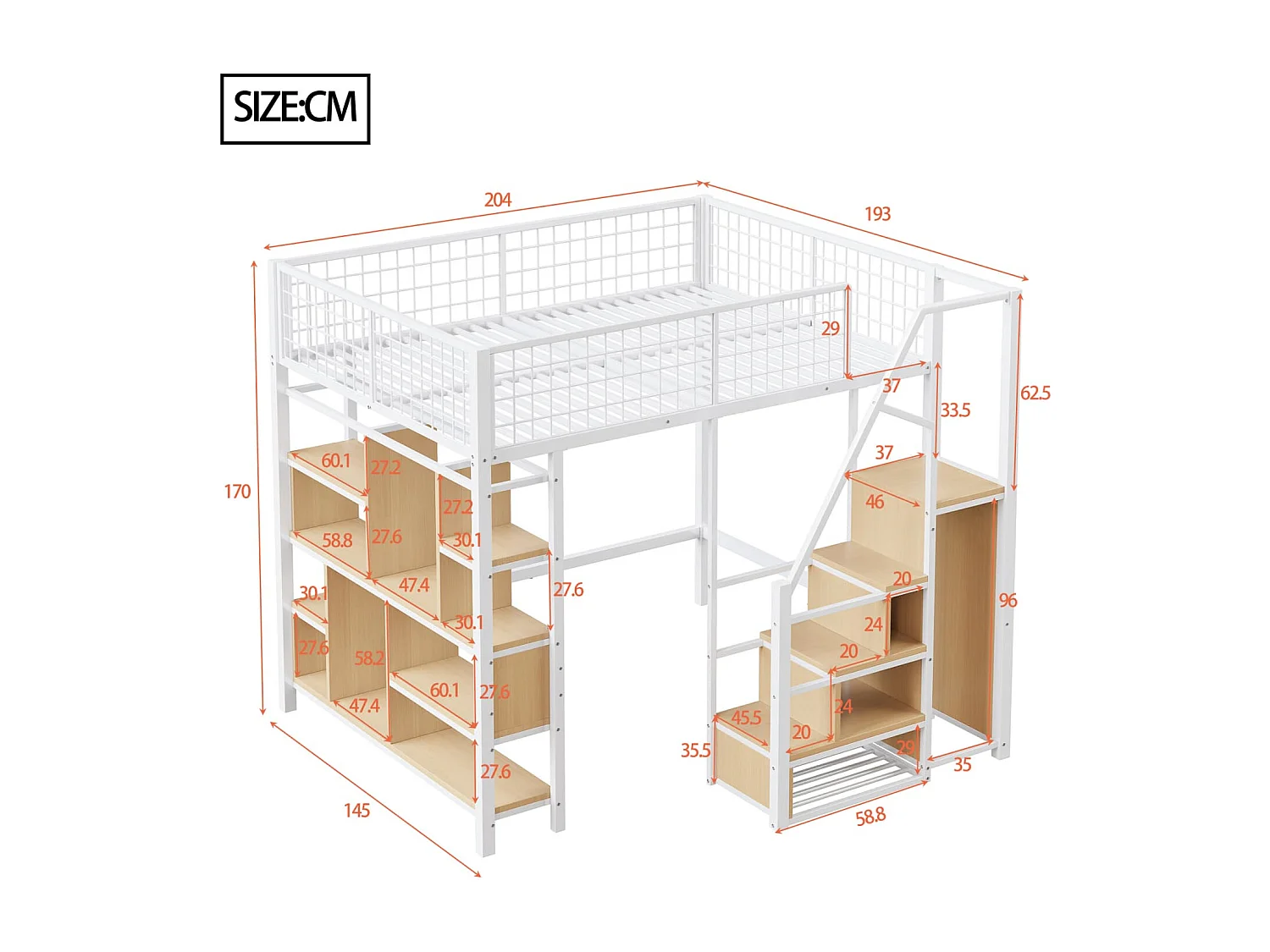 Multifunktionales Hochbett 140 x 200 cm, Metallbett mit Stauraum, Ablageflächen und Treppe, Erwachsenenbett und Kinderbett, Weiß