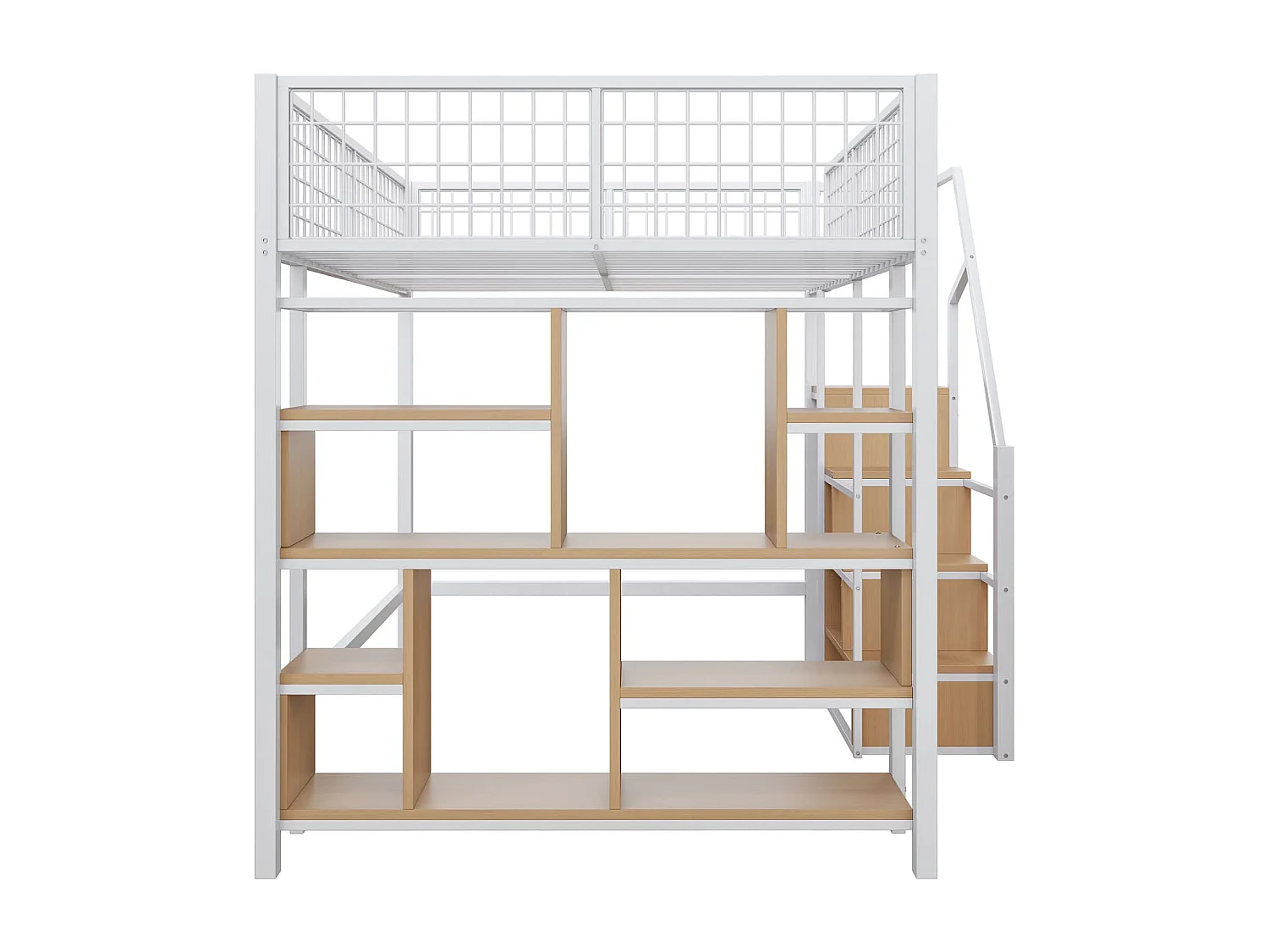 Multifunktionales Hochbett 140 x 200 cm, Metallbett mit Stauraum, Ablageflächen und Treppe, Erwachsenenbett und Kinderbett, Weiß
