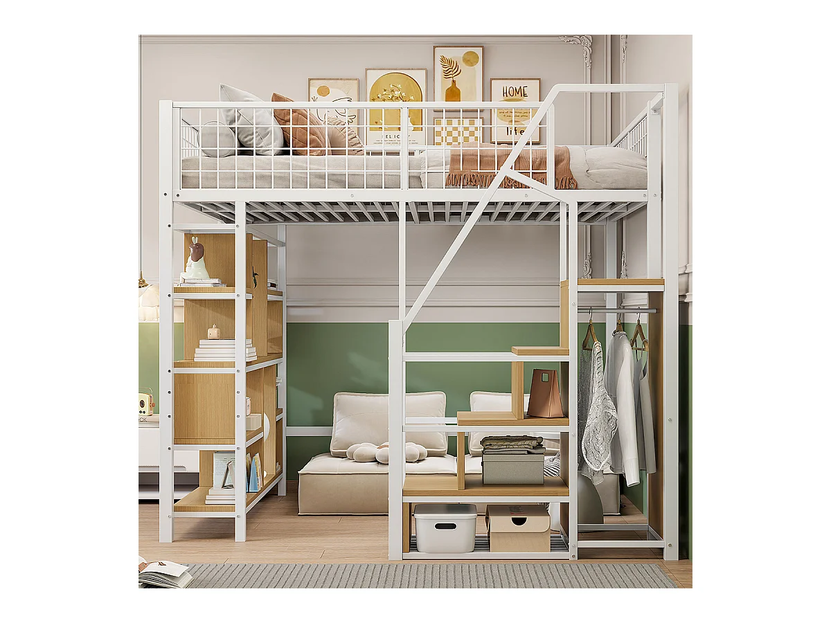 Hochbett mit Stauraum Ablageflächen und Treppe Kinderbett Einzelbett Jugendbett Metallbett 140 x 200 cm Weiß