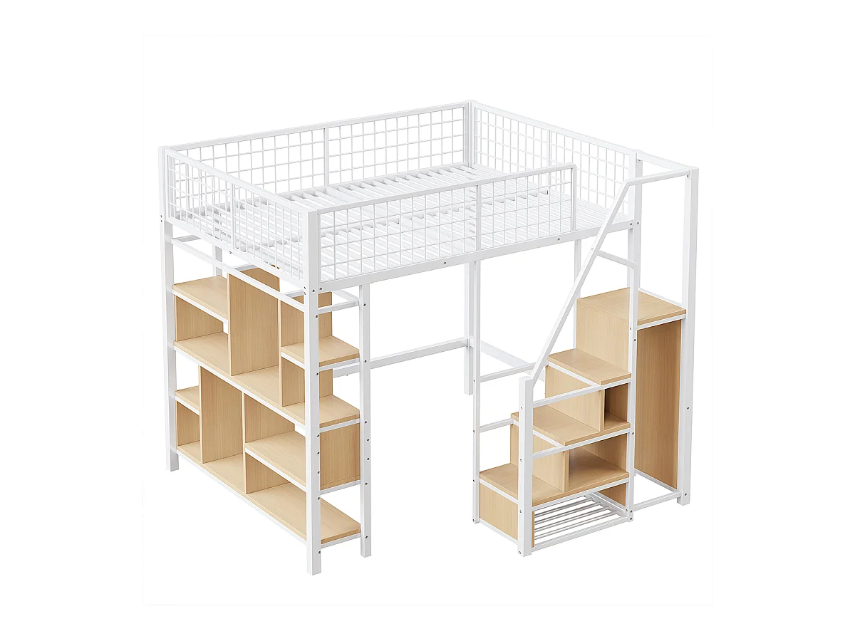 Hochbett mit Stauraum Ablageflächen und Treppe Kinderbett Einzelbett Jugendbett Metallbett 140 x 200 cm Weiß