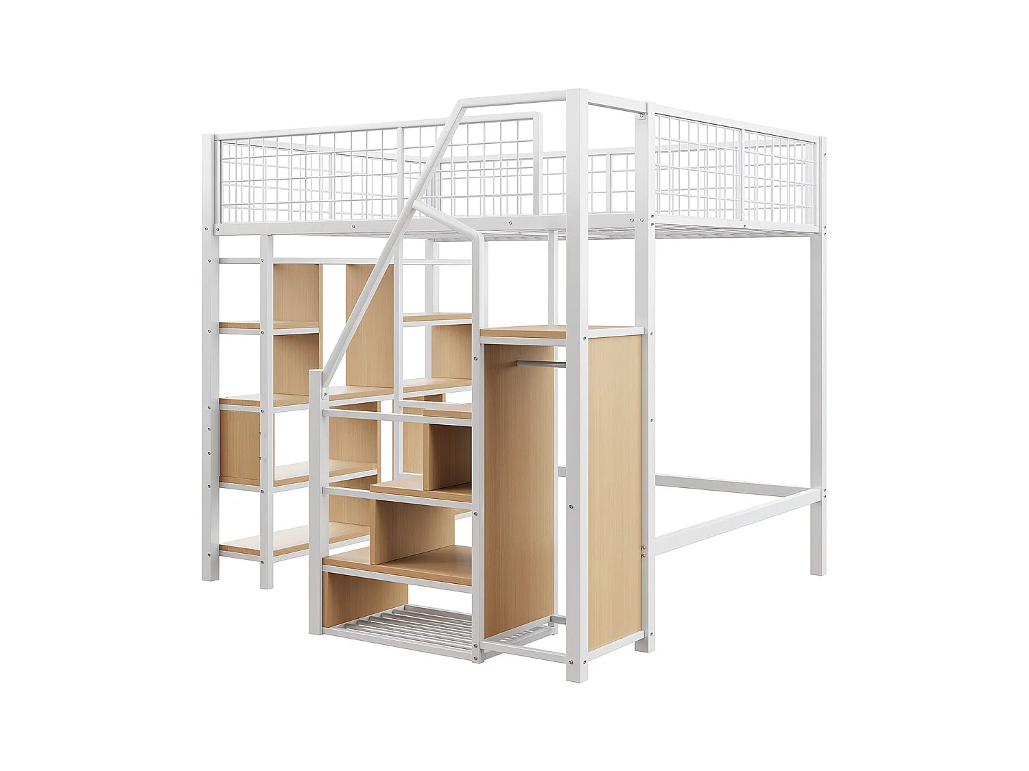 Hochbett mit Stauraum Ablageflächen und Treppe Kinderbett Einzelbett Jugendbett Metallbett 140 x 200 cm Weiß