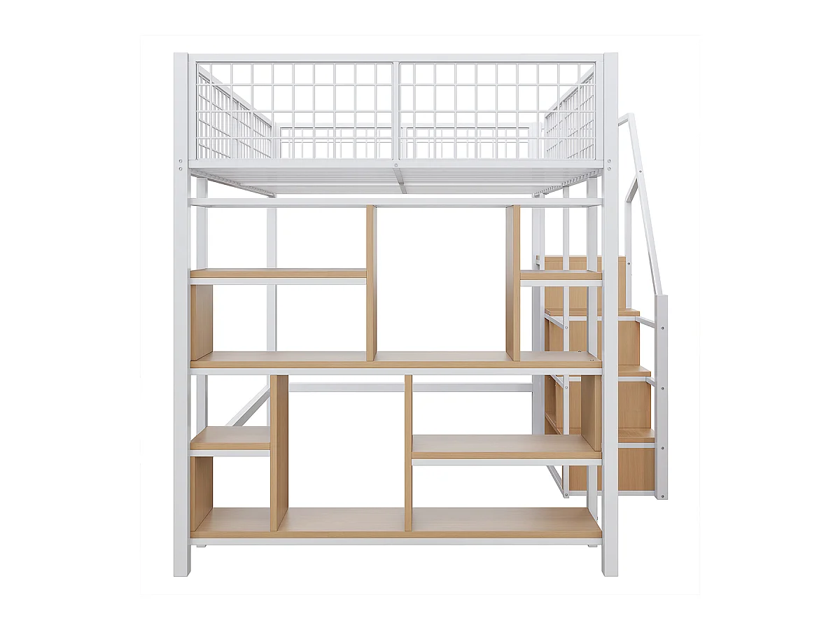 Hochbett mit Stauraum Ablageflächen und Treppe Kinderbett Einzelbett Jugendbett Metallbett 140 x 200 cm Weiß