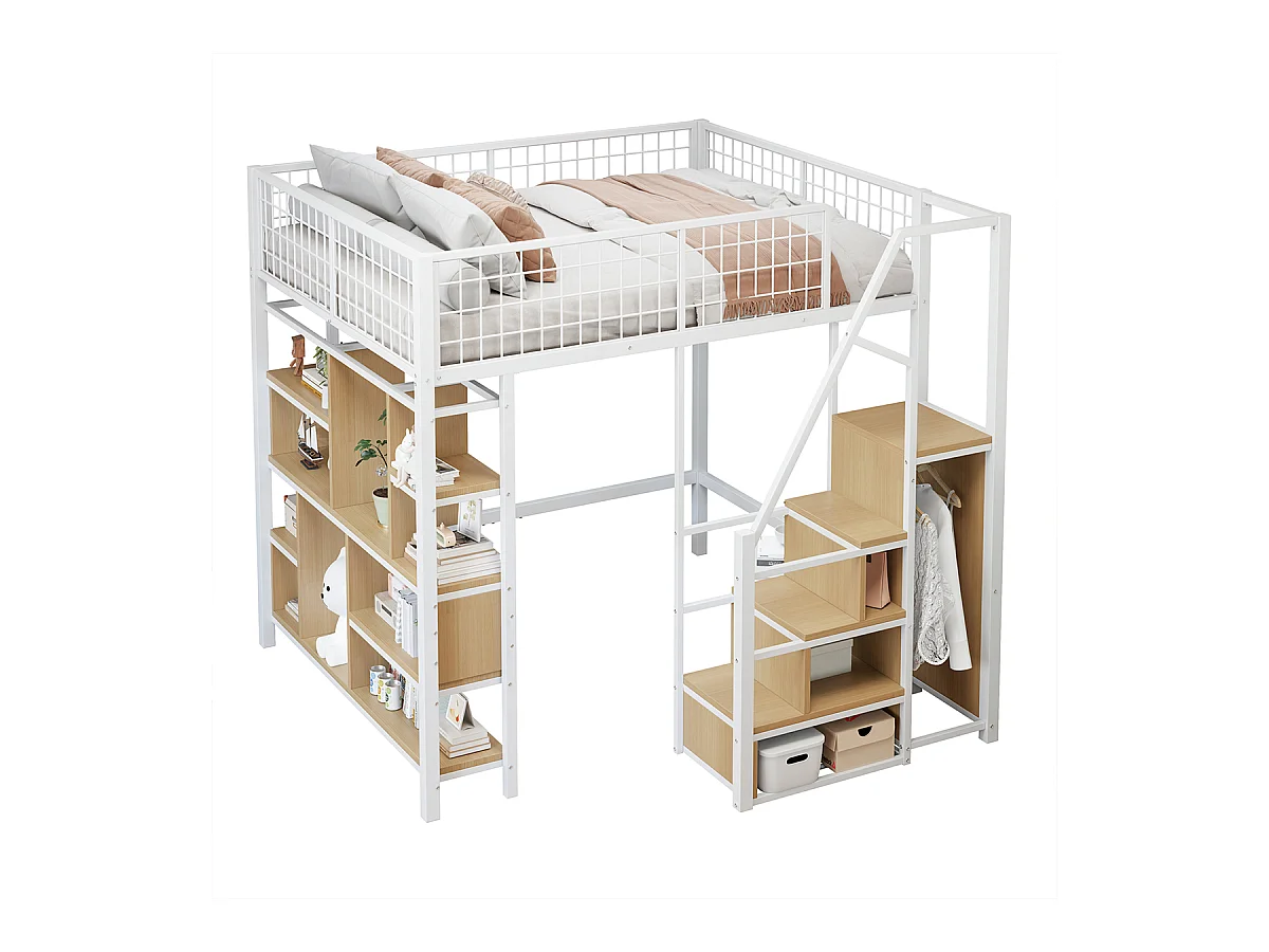 Hochbett mit Stauraum Ablageflächen und Treppe Kinderbett Einzelbett Jugendbett Metallbett 140 x 200 cm Weiß