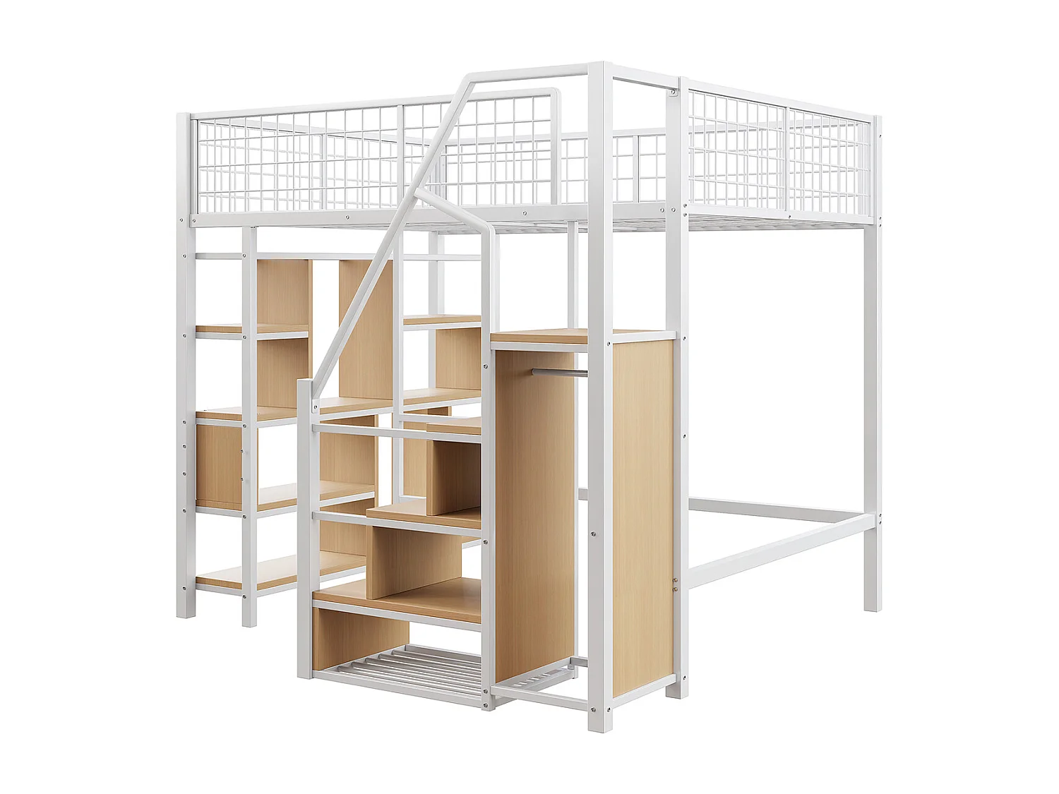 Hochbett mit Stauraum Ablageflächen und Treppe Kinderbett Einzelbett Jugendbett Metallbett 140 x 200 cm Weiß