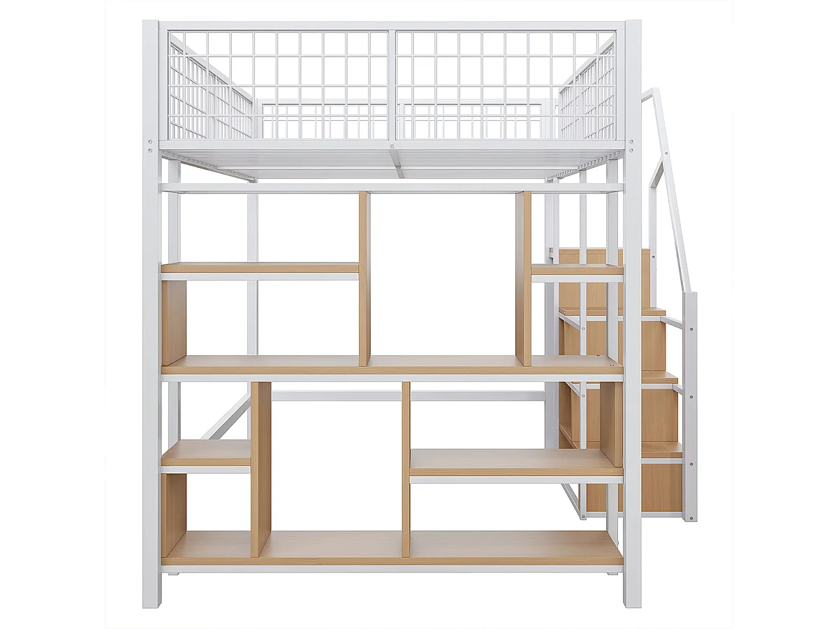 Hochbett mit Stauraum Ablageflächen und Treppe Kinderbett Einzelbett Jugendbett Metallbett 140 x 200 cm Weiß