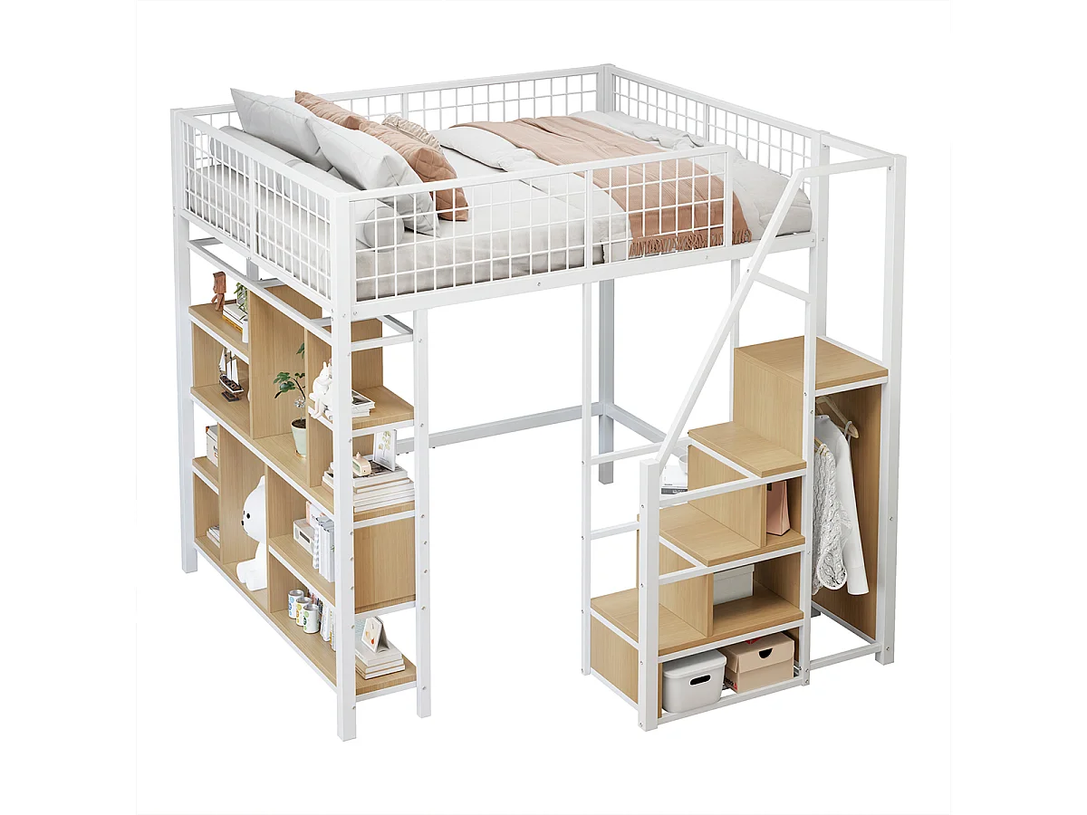 Hochbett mit Stauraum Ablageflächen und Treppe Kinderbett Einzelbett Jugendbett Metallbett 140 x 200 cm Weiß