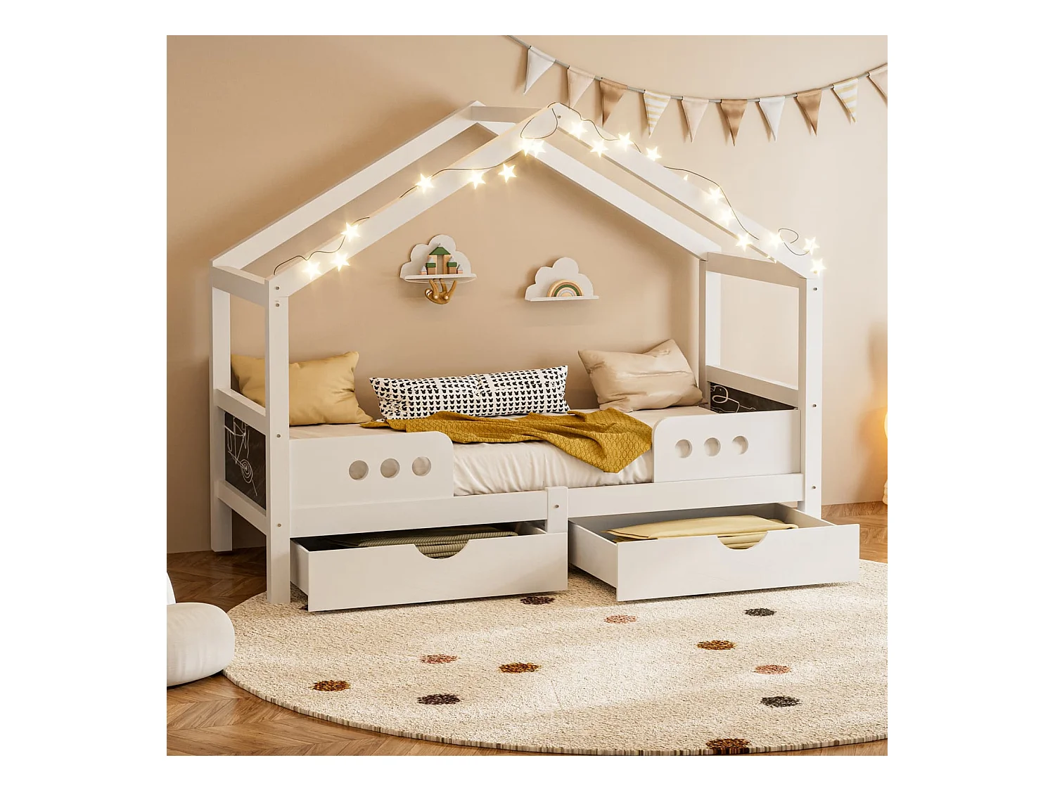 Kinderbett mit Dachdesign, 2 großen Schubladen und stabilem Holz+MDF-Rahmen, UV-Lackierung fast geruchsfrei, Belastbar bis 120 kg