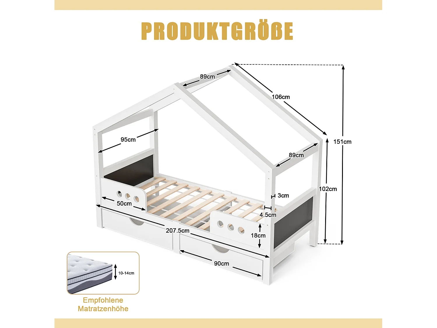 Kinderbett mit Dachdesign, 2 großen Schubladen und stabilem Holz+MDF-Rahmen, UV-Lackierung fast geruchsfrei, Belastbar bis 120 kg