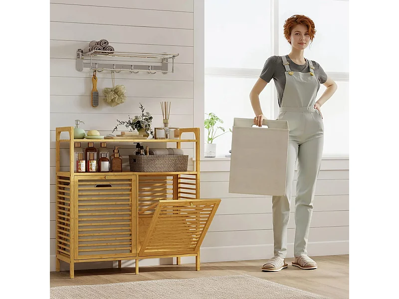 Wäscheregal mit 2 Wäschekörben, freistehendes Bambusregal für Badezimmer, Waschküche, Naturholz+Cremeweiß