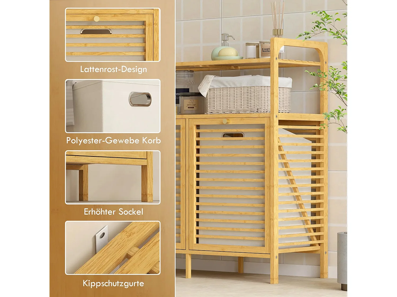 Wäscheregal mit 2 Wäschekörben, freistehendes Bambusregal für Badezimmer, Waschküche, Naturholz+Cremeweiß