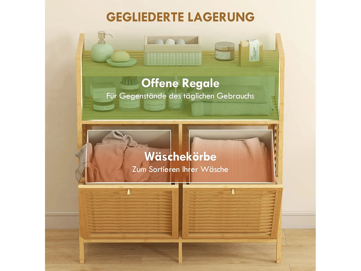 Wäscheregal mit 2 Wäschekörben, freistehendes Bambusregal für Badezimmer, Waschküche, Naturholz+Cremeweiß