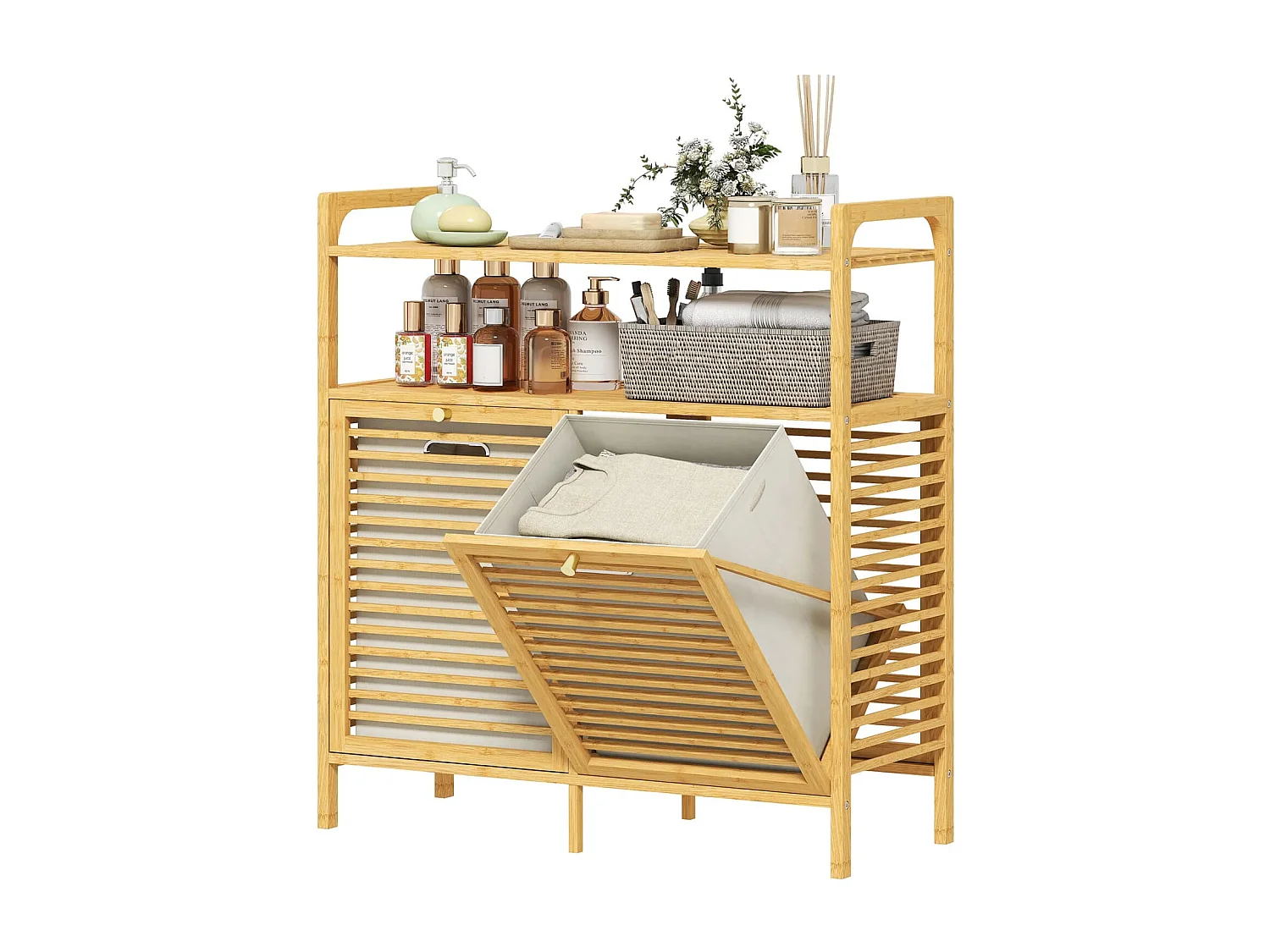 Wäscheregal mit 2 Wäschekörben, freistehendes Bambusregal für Badezimmer, Waschküche, Naturholz+Cremeweiß