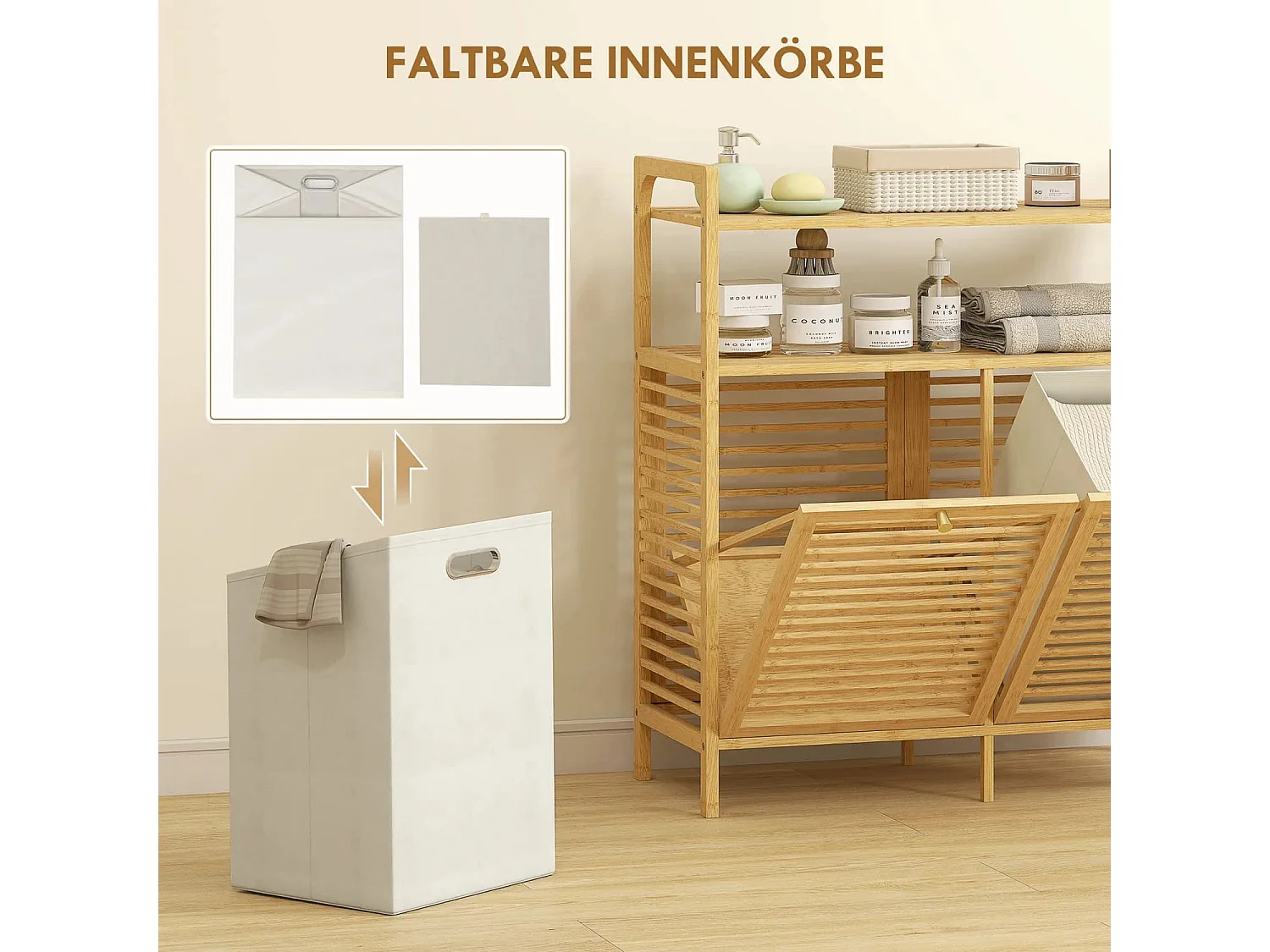 Wäscheregal mit 2 Wäschekörben, freistehendes Bambusregal für Badezimmer, Waschküche, Naturholz+Cremeweiß