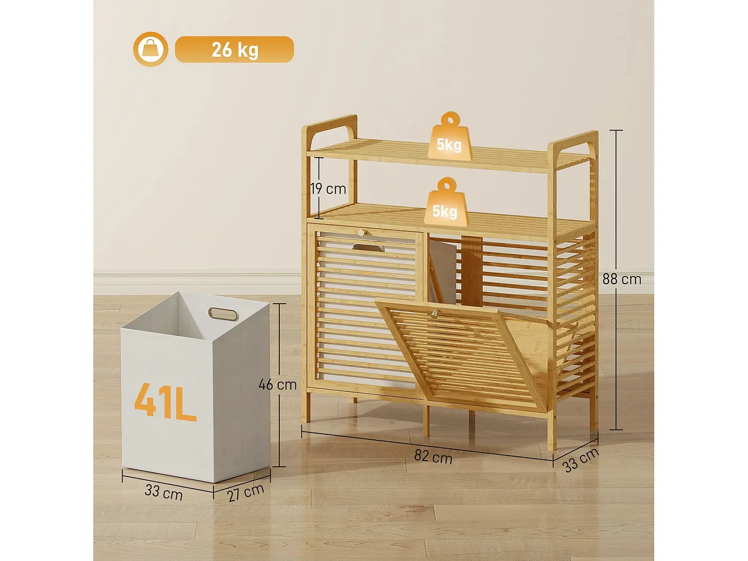 Wäscheregal mit 2 Wäschekörben, freistehendes Bambusregal für Badezimmer, Waschküche, Naturholz+Cremeweiß