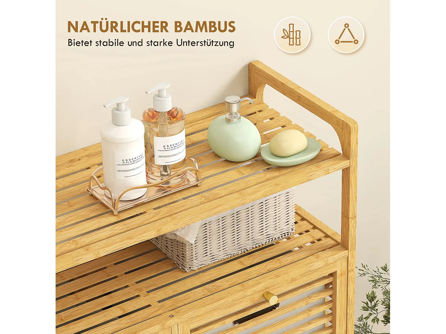 Wäscheregal mit 2 Wäschekörben, freistehendes Bambusregal für Badezimmer, Waschküche, Naturholz+Cremeweiß