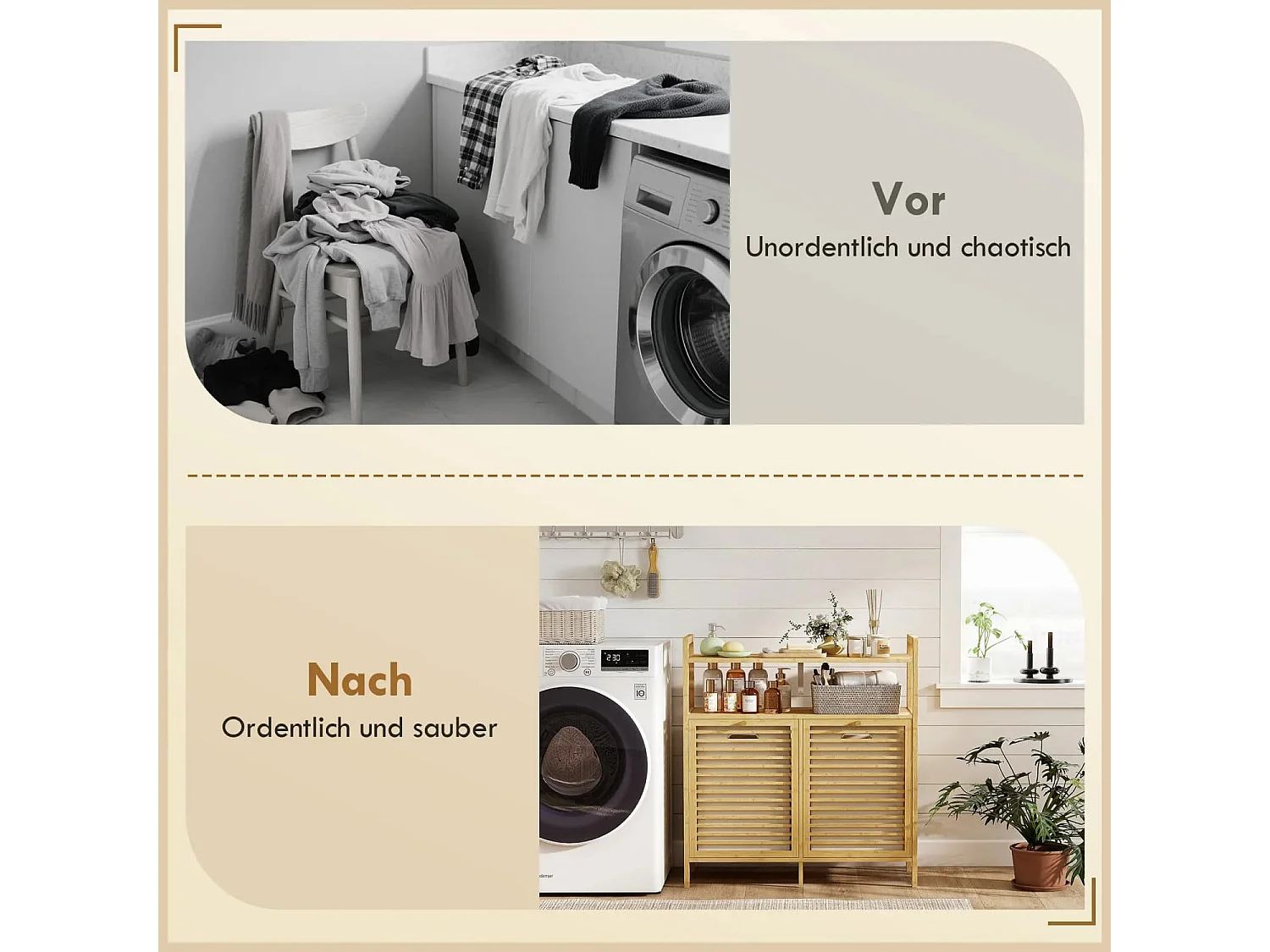 Wäscheregal mit 2 Wäschekörben, freistehendes Bambusregal für Badezimmer, Waschküche, Naturholz+Cremeweiß