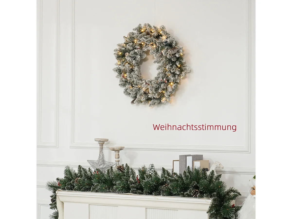 Weihnachtskranz mit LED-Beleuchtung und Roten Beeren Kunstkranz Türkranz Weihnachten Ø60 x 10 cm Grün
