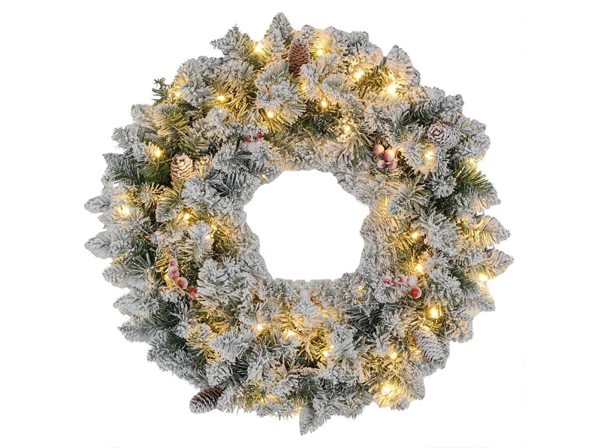 Weihnachtskranz mit LED-Beleuchtung und Roten Beeren Kunstkranz Türkranz Weihnachten Ø60 x 10 cm Grün