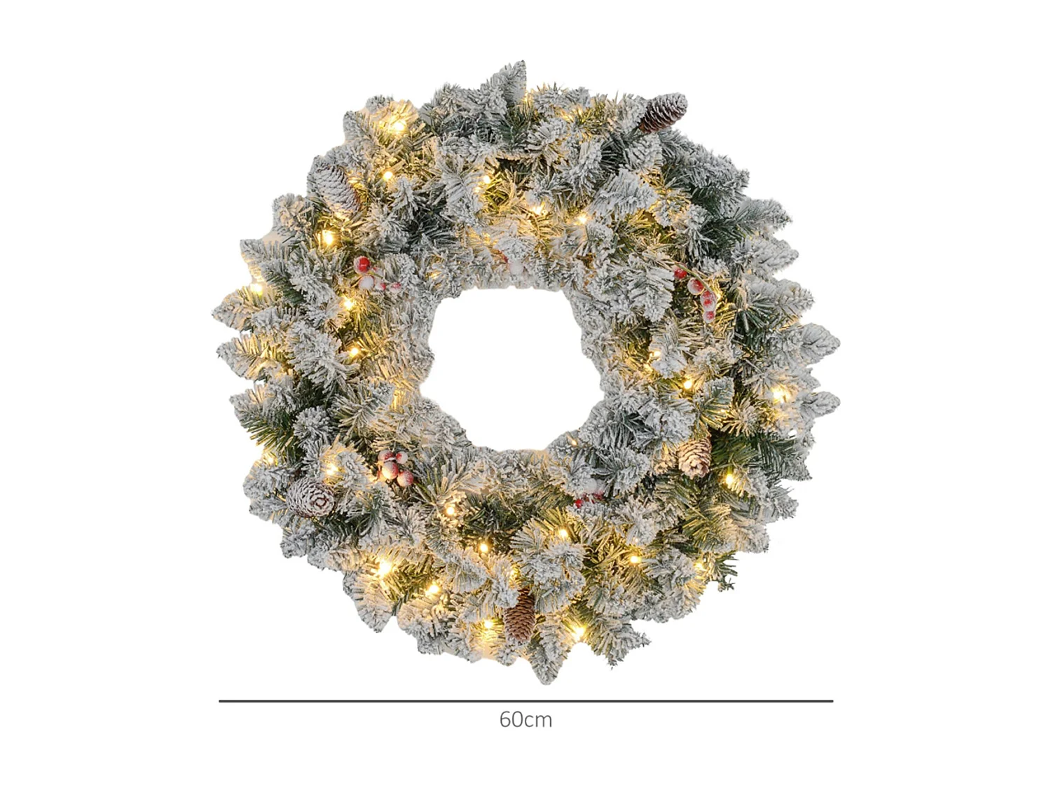 Weihnachtskranz mit LED-Beleuchtung und Roten Beeren Kunstkranz Türkranz Weihnachten Ø60 x 10 cm Grün