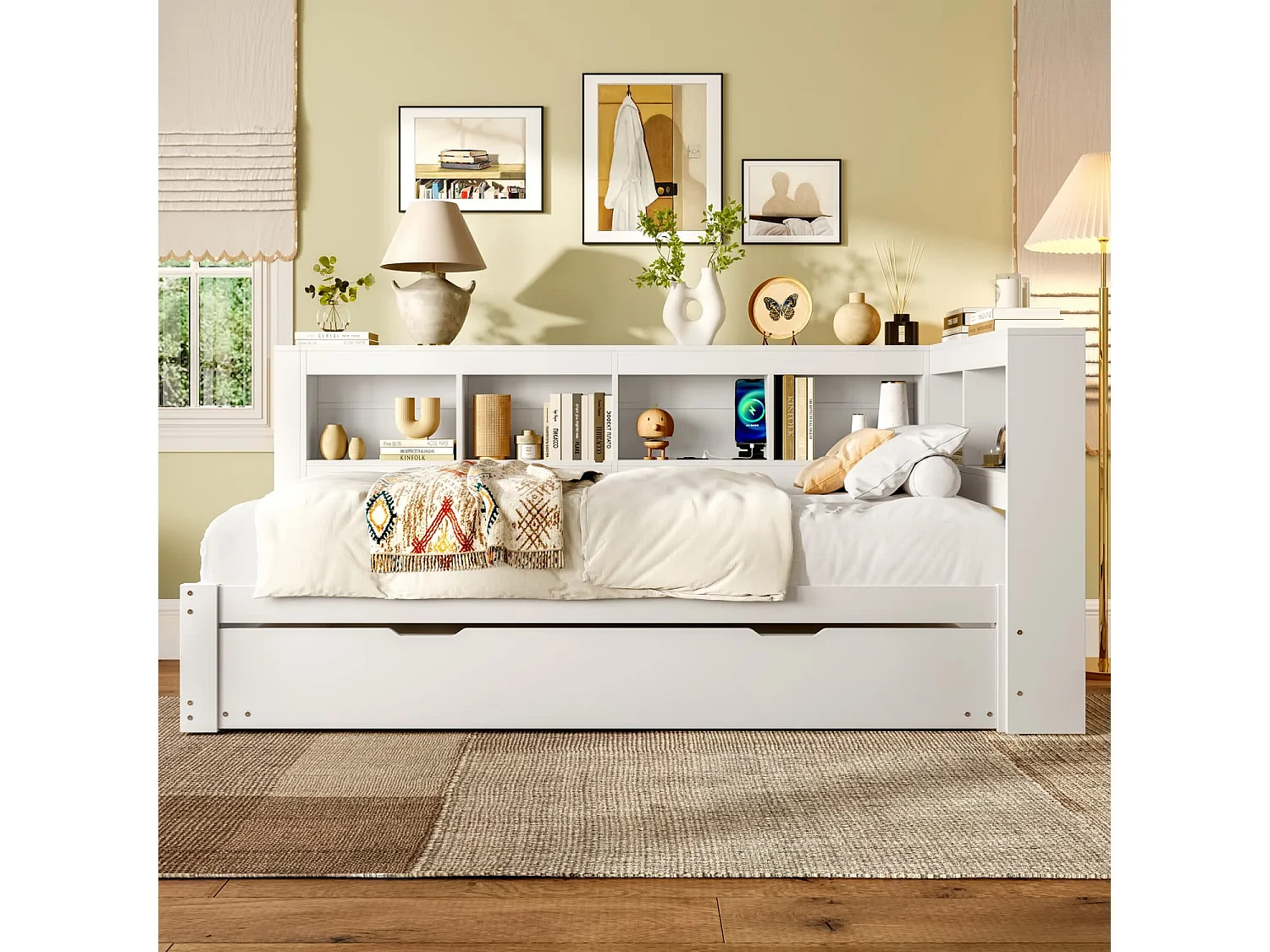 Daybett,Schlafsofa, Tagesbett mit ausziehbarem Bett, Mit Steckdose und 2 USB-Anschlüssen, Bett mit Lattenrost (ohne Matratze),Spanplatte