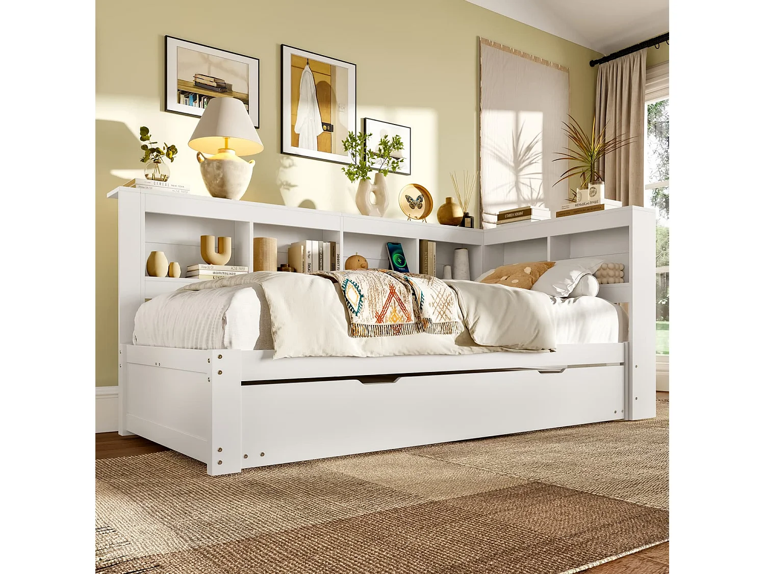 Daybett,Schlafsofa, Tagesbett mit ausziehbarem Bett, Mit Steckdose und 2 USB-Anschlüssen, Bett mit Lattenrost (ohne Matratze),Spanplatte