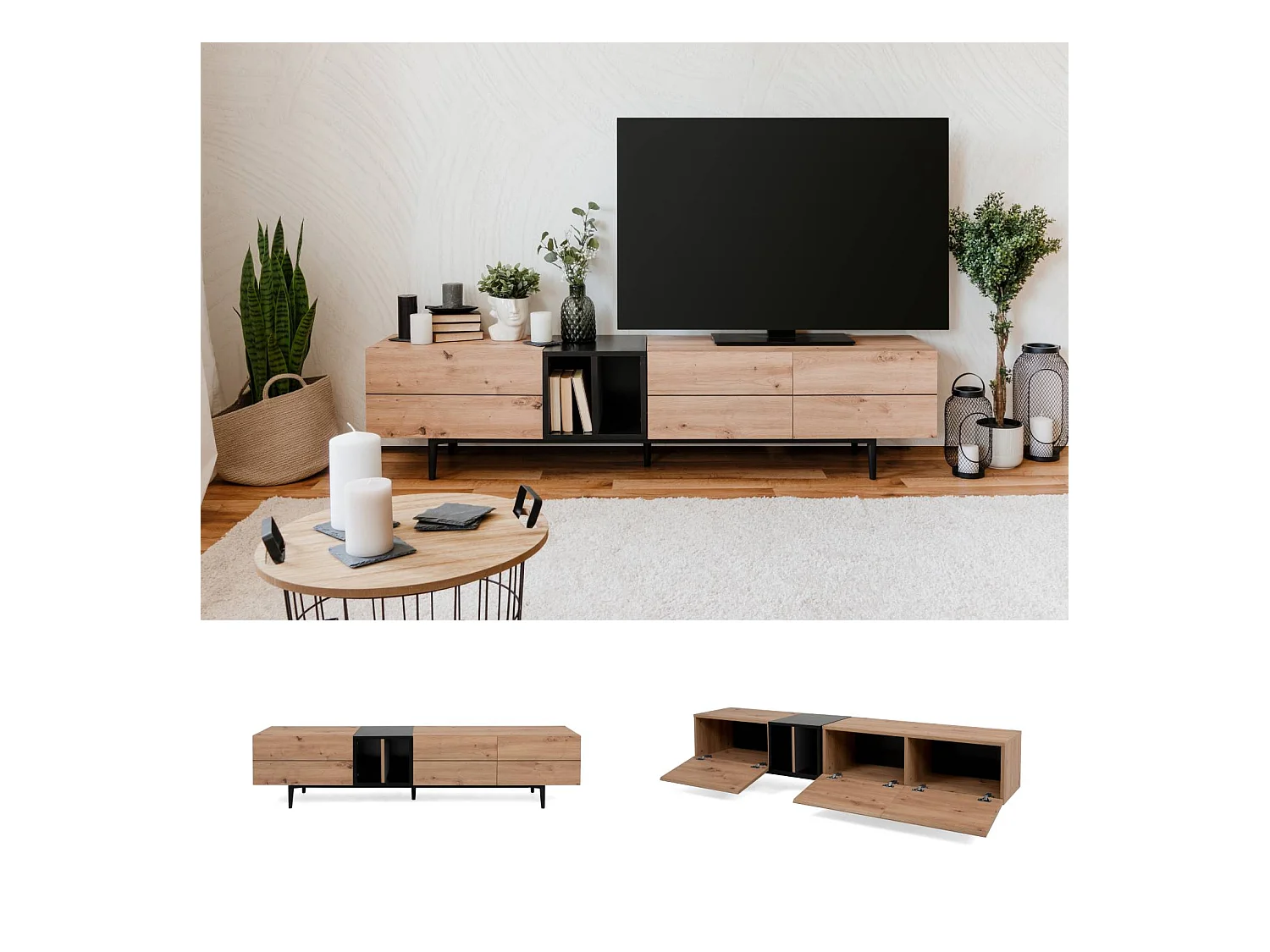 meuble TV 195x48x37 cm naturel noir