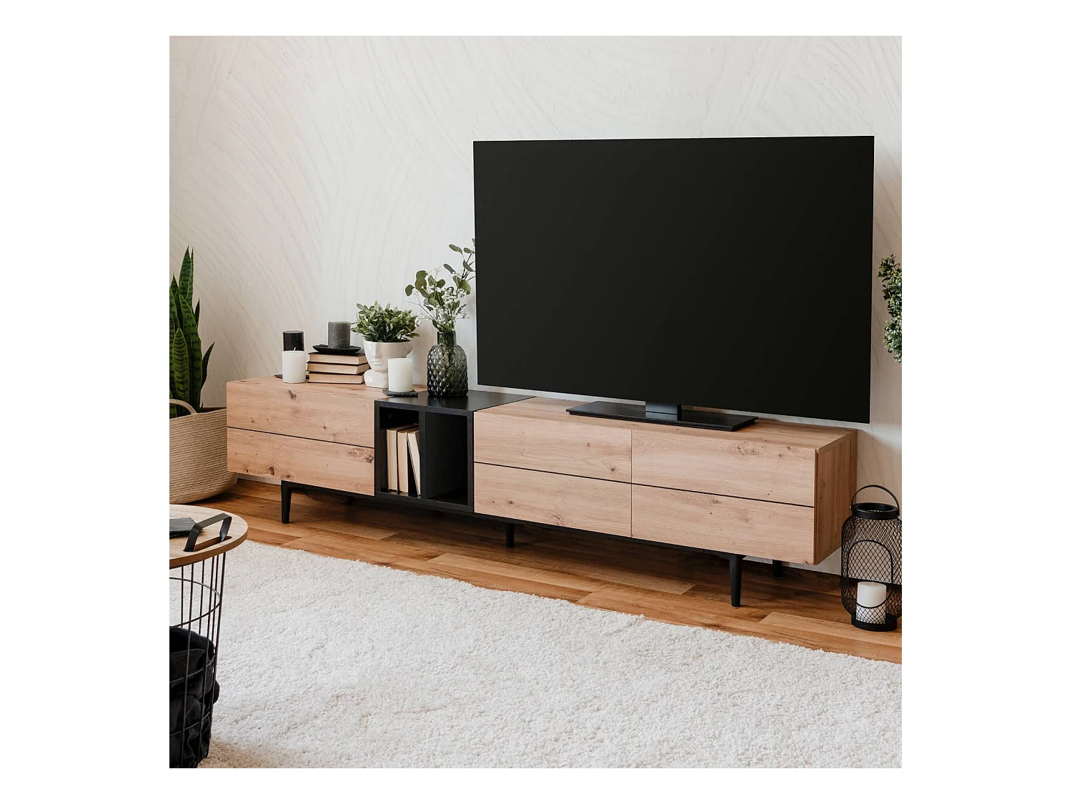 szafka RTV 195x48x37 cm naturalna czarna