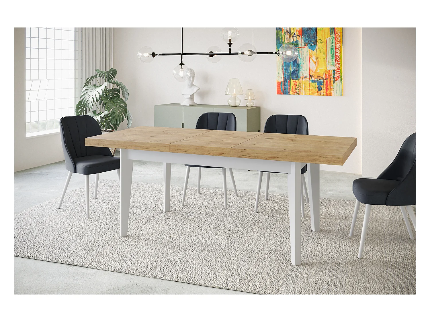 Table de salle à manger rectangulaire SKANDI, table à rallonges, dimensions: 140-180X80X78 cm, couleur: LANCELOT, avec pieds en bois blanc