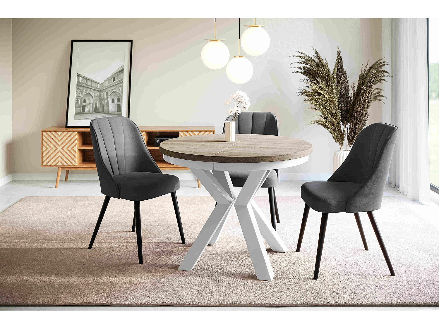 Table de salle à manger ronde LOFT, table à rallonges Diamètre : 100 cm/180 cm, couleur de la table basse : beige, avec pieds métalliques de couleur blanche