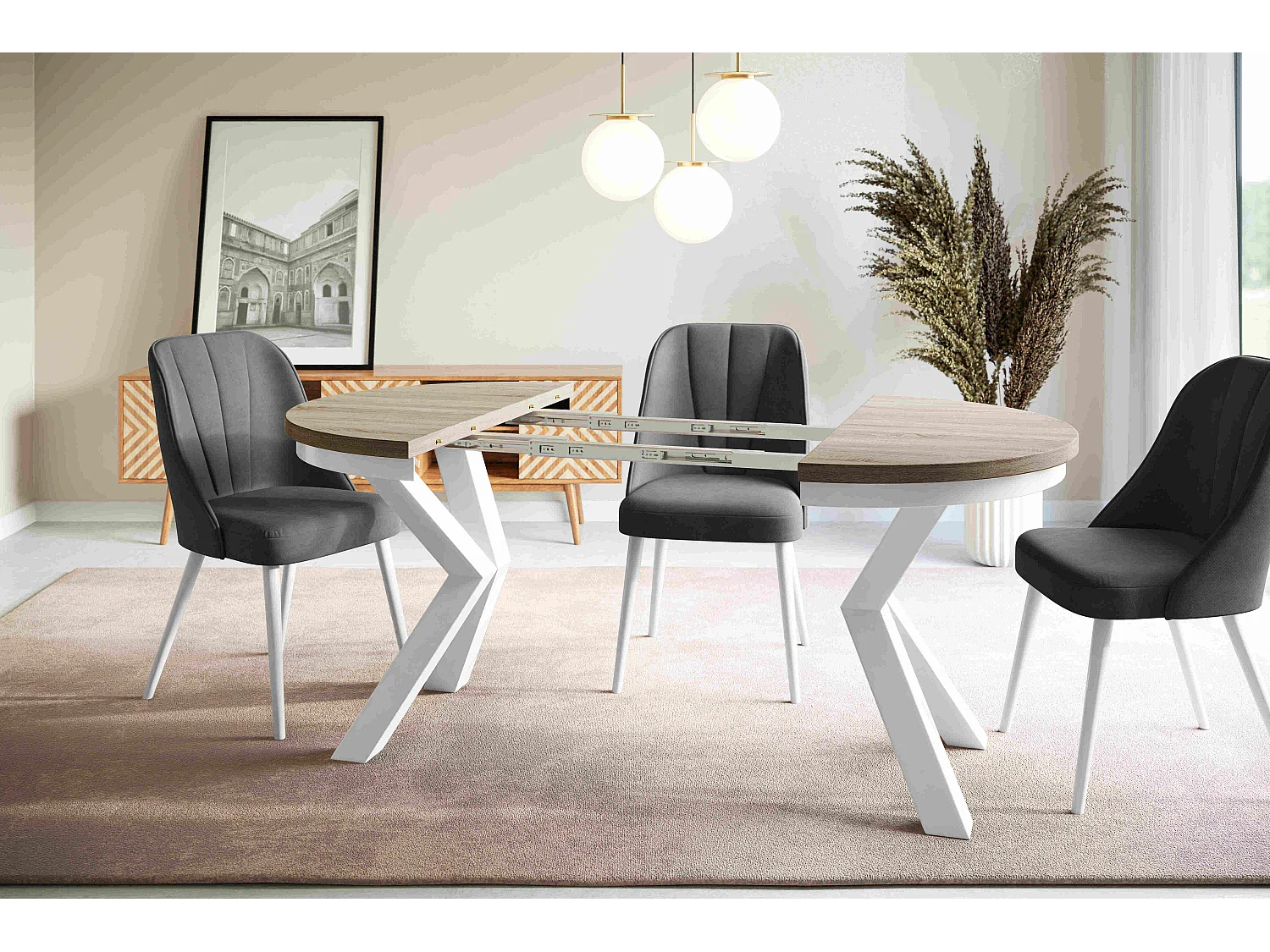 Table de salle à manger ronde LOFT, table à rallonges Diamètre : 100 cm/180 cm, couleur de la table basse : beige, avec pieds métalliques de couleur blanche